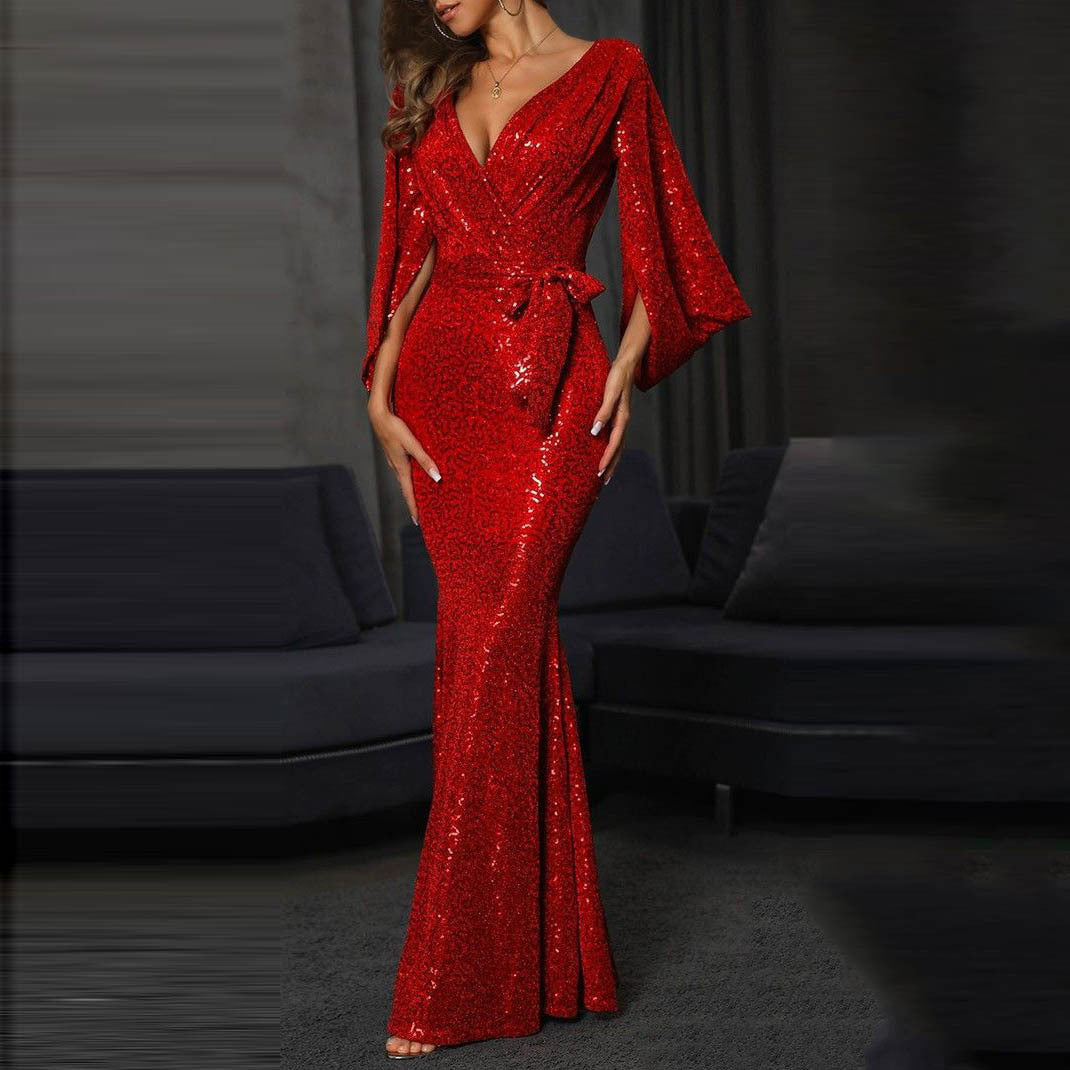 Damen Abendkleid Paillettenbesatz Weite Ärmel Eveloria