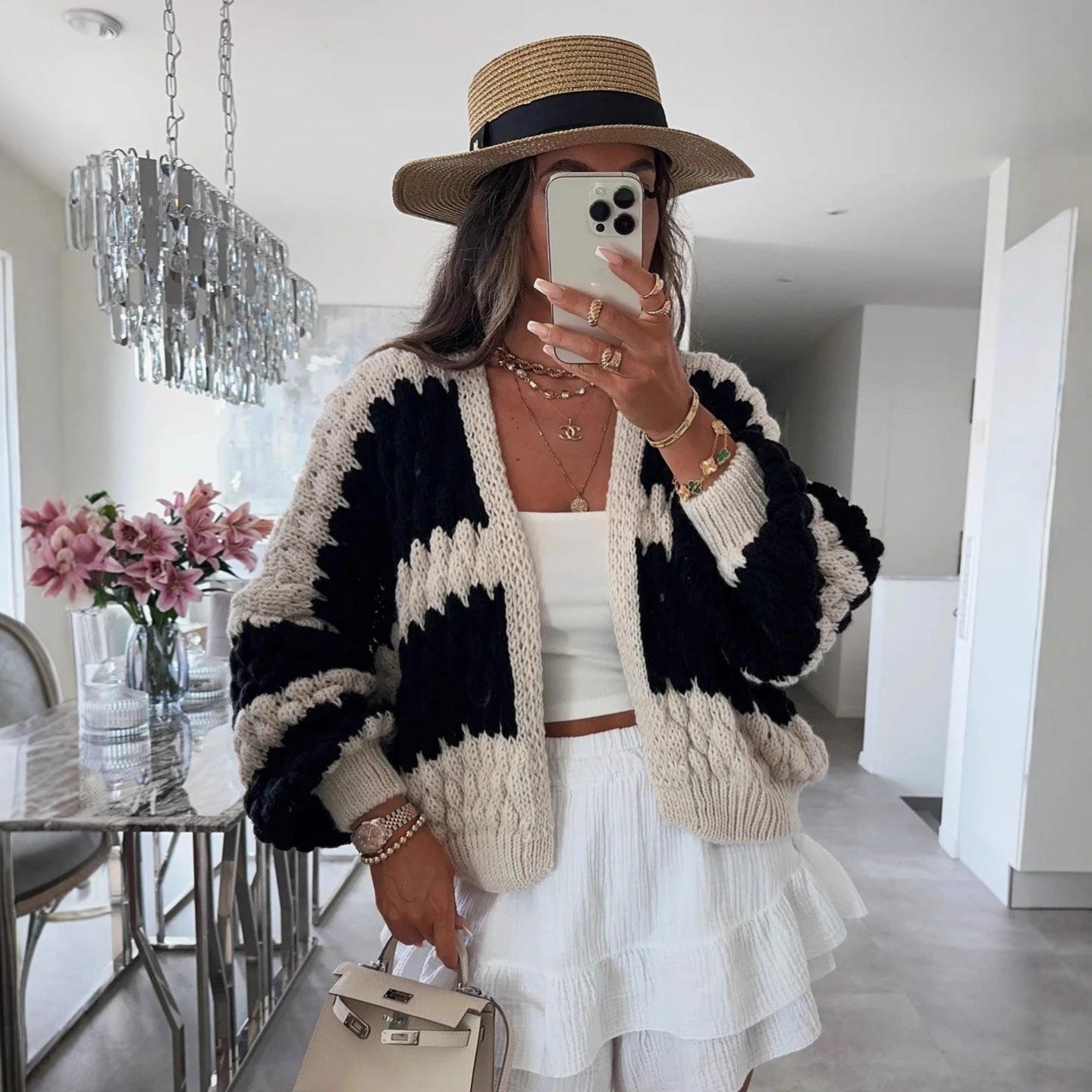 Damen Strickcardigan Oversized Großes Zopfmuster Beige