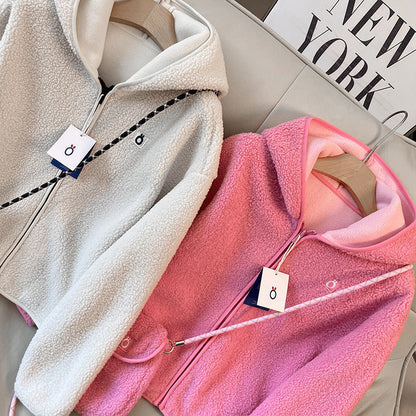 Damen Fleecejacke mit Kapuze und Umhängetasche Kuschelig Grau