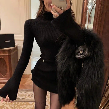 Damen Strickkleid Hohler Kragen Weite Ärmel Eveloria