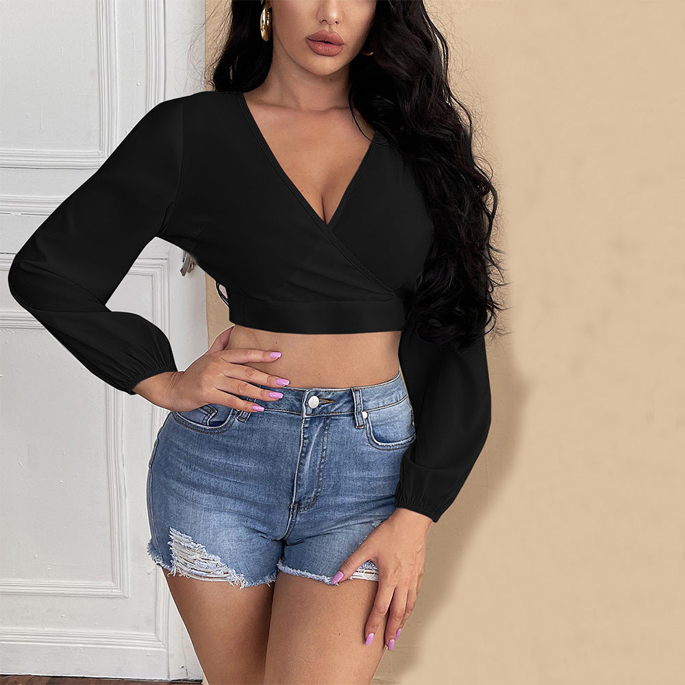 Damen Cropped mit V-Ausschnitt und Puffärmeln Eveloria