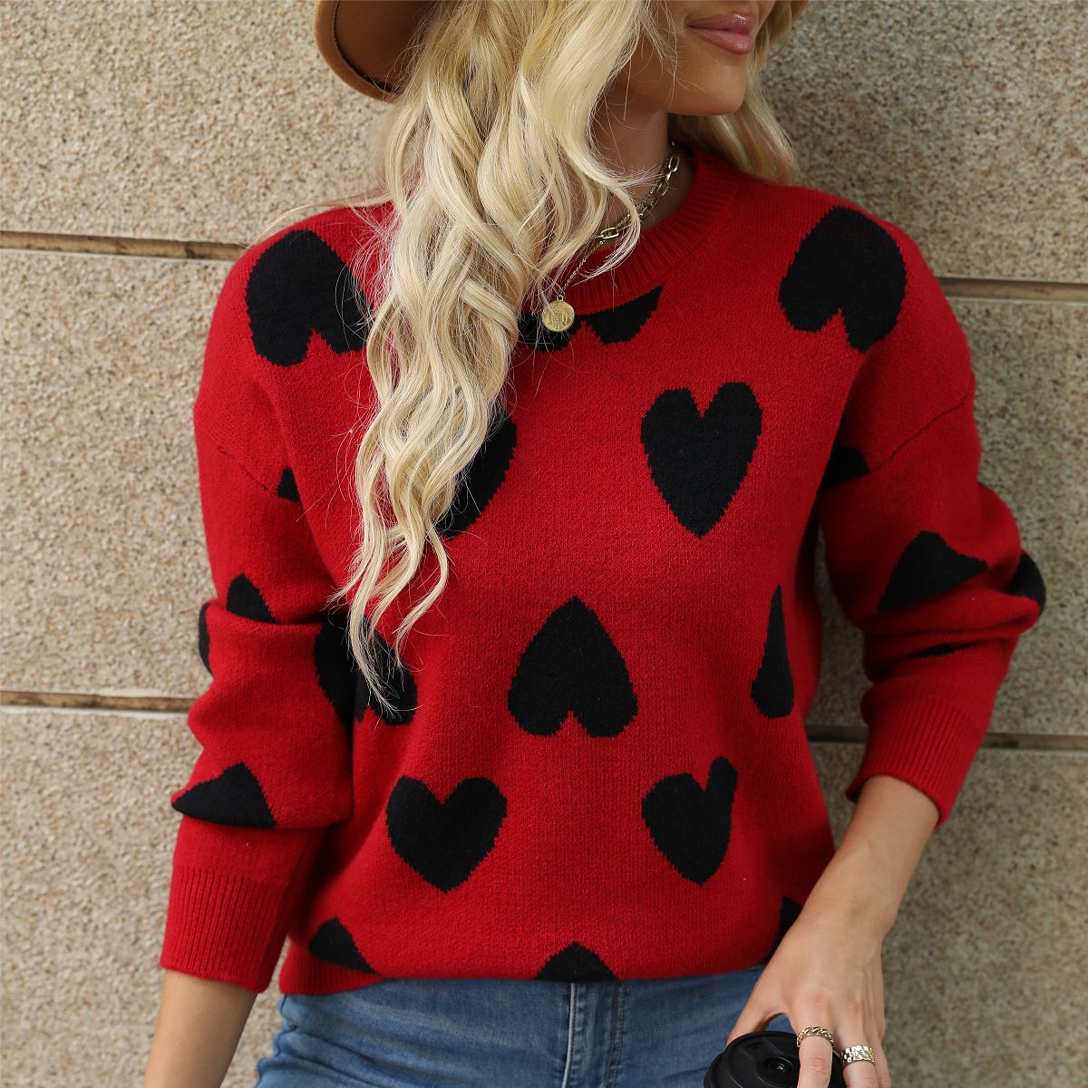 Damen Pullover Herzenmuster Lässig Eveloria