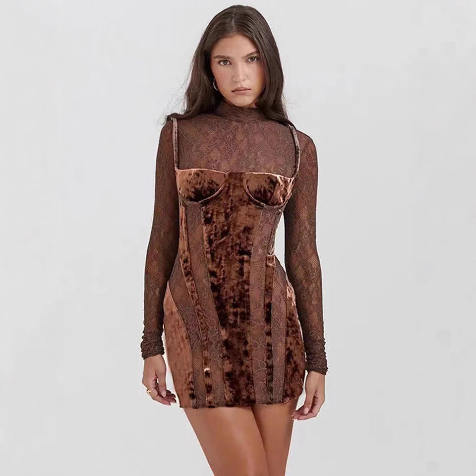 Damen Minikleid Spitze Samt Figurbetont Schwarz Eveloria - Eveloria