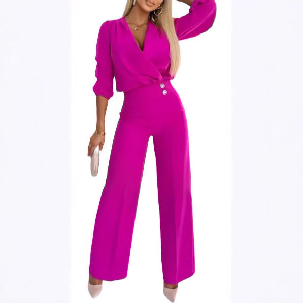 Damen Jumpsuit Wickeloberteil Hochtailliert Schwarz Eveloria - Eveloria