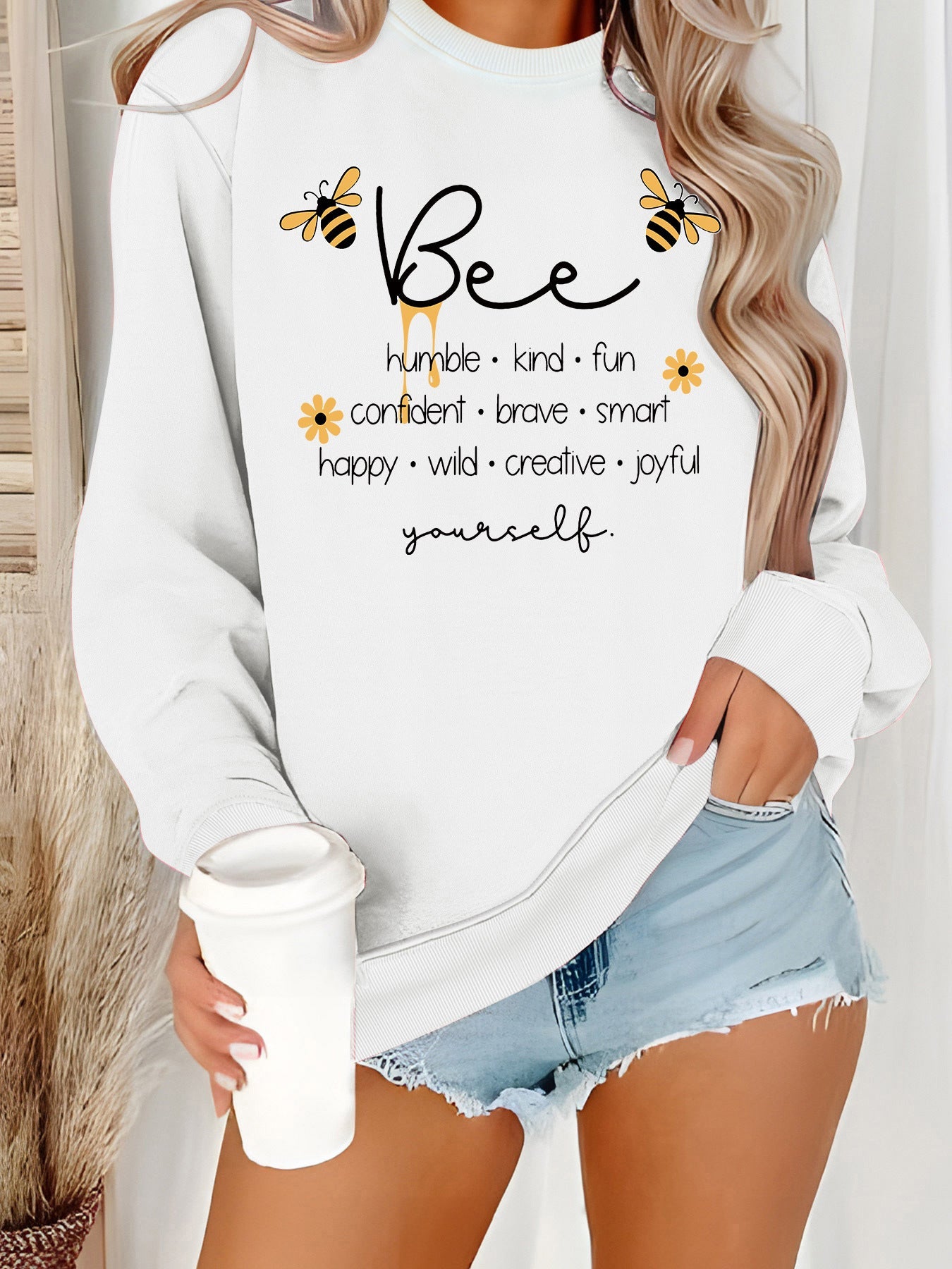 Damen Sweatshirt Bienenmotiv Positives Design Grau