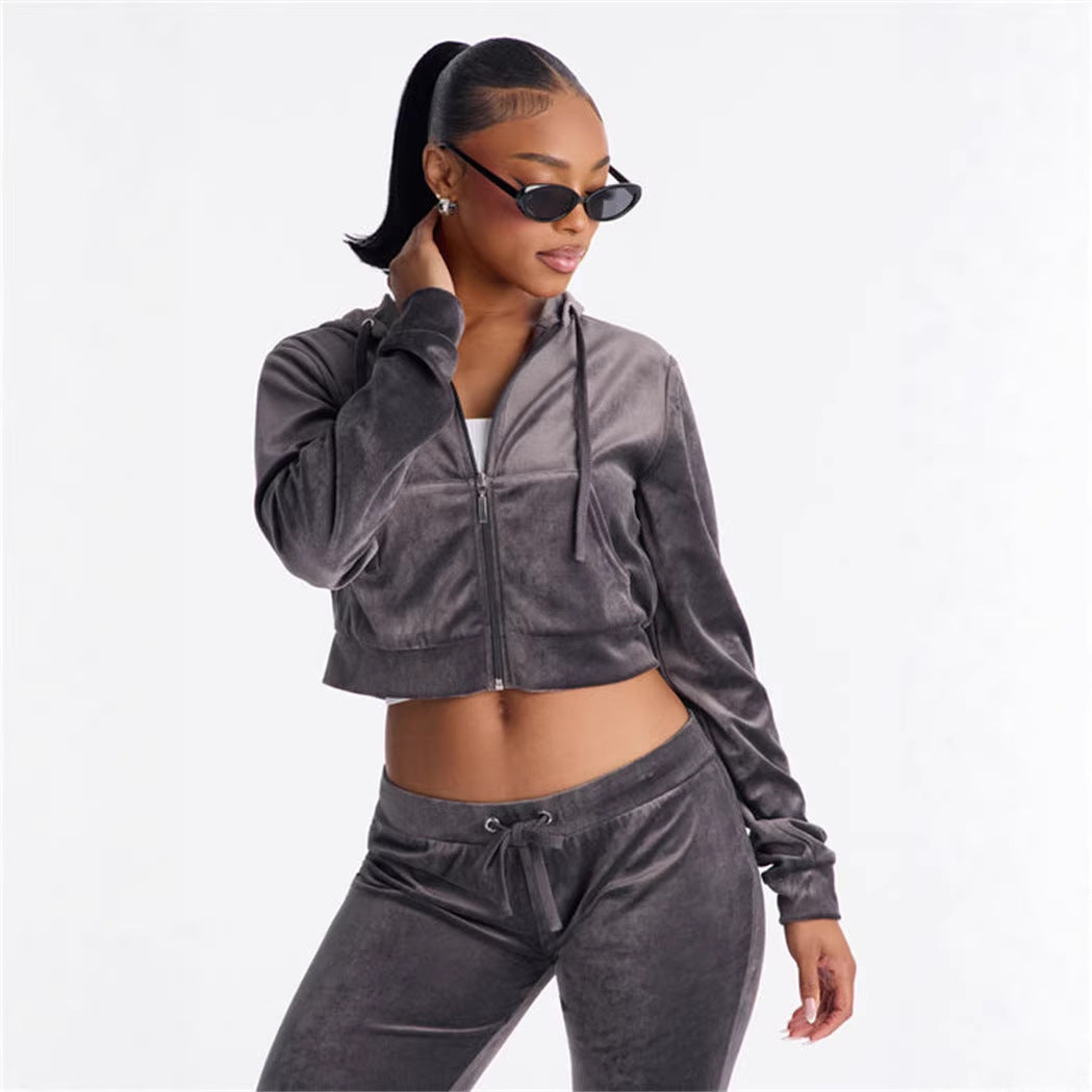 Damen Cropped Kapuzenjacke Baumwolle Reißverschluss Schwarz - Eveloria