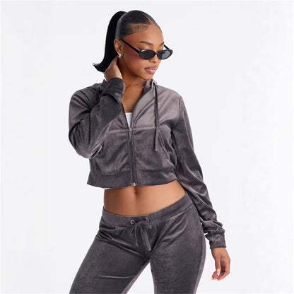 Damen Cropped Kapuzenjacke Baumwolle Reißverschluss Schwarz - Eveloria