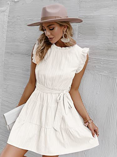 Damen Halbarmkleid Rüschendetails Taillenknoten Eveloria