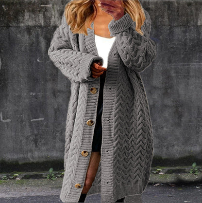 Damen Grobstrickjacke Strukturiertes Zopfmuster Knöpfe Beige