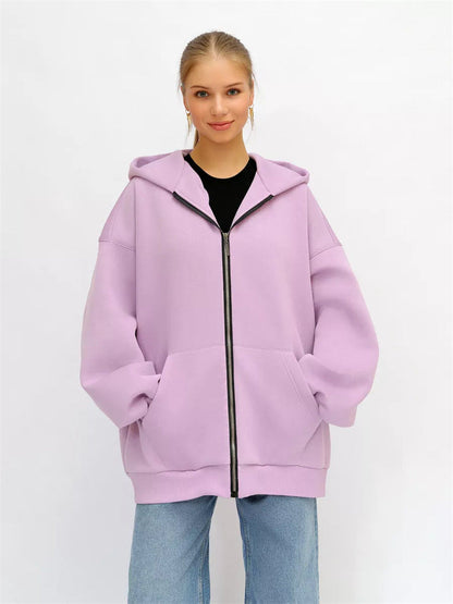 Damen Oversized Kapuzenjacke Hoch Bündchen Reißverschluss Eveloria