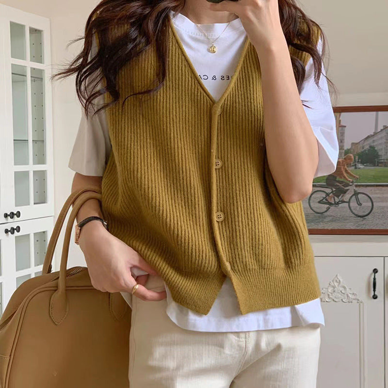 Damen Strickweste Feine Rippenstruktur Klassische Knöpfe Beige