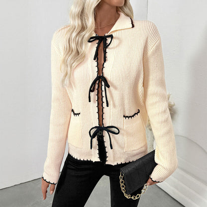 Damen Strickjacke Dekoratives Bindeband Elegantes Design