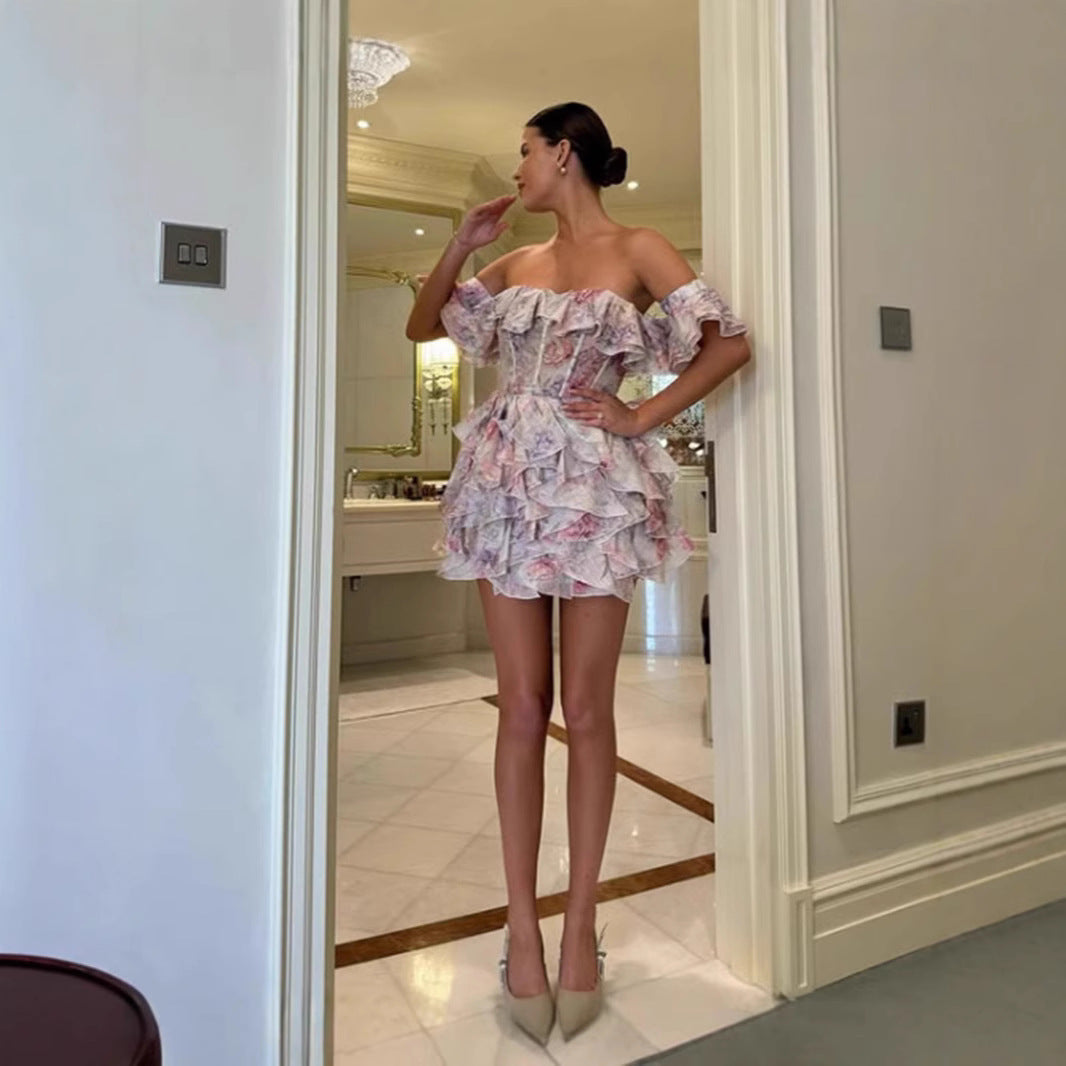Damen Rüschenkleid Off-Shoulder mit Floralem Print und Elastischem