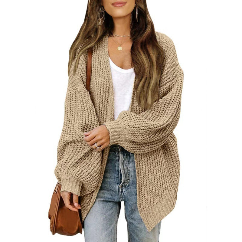 Damen Strickjacke Oversized Luftig V-Ausschnitt Beige - Eveloria