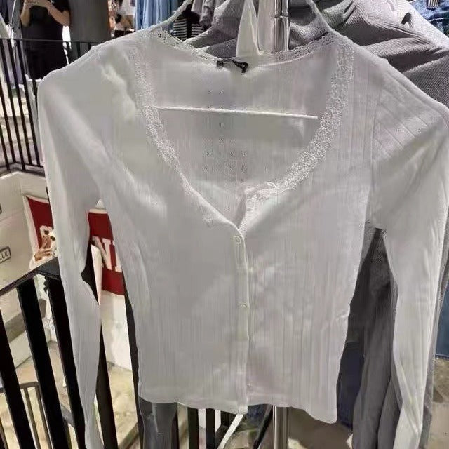 Damen Langarmshirt feine Spitze Weiß - Eveloria