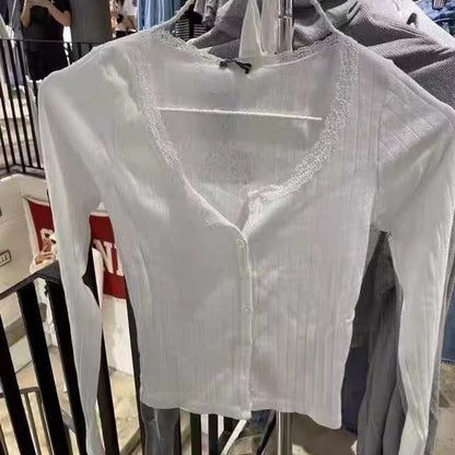 Damen Langarmshirt feine Spitze Weiß - Eveloria