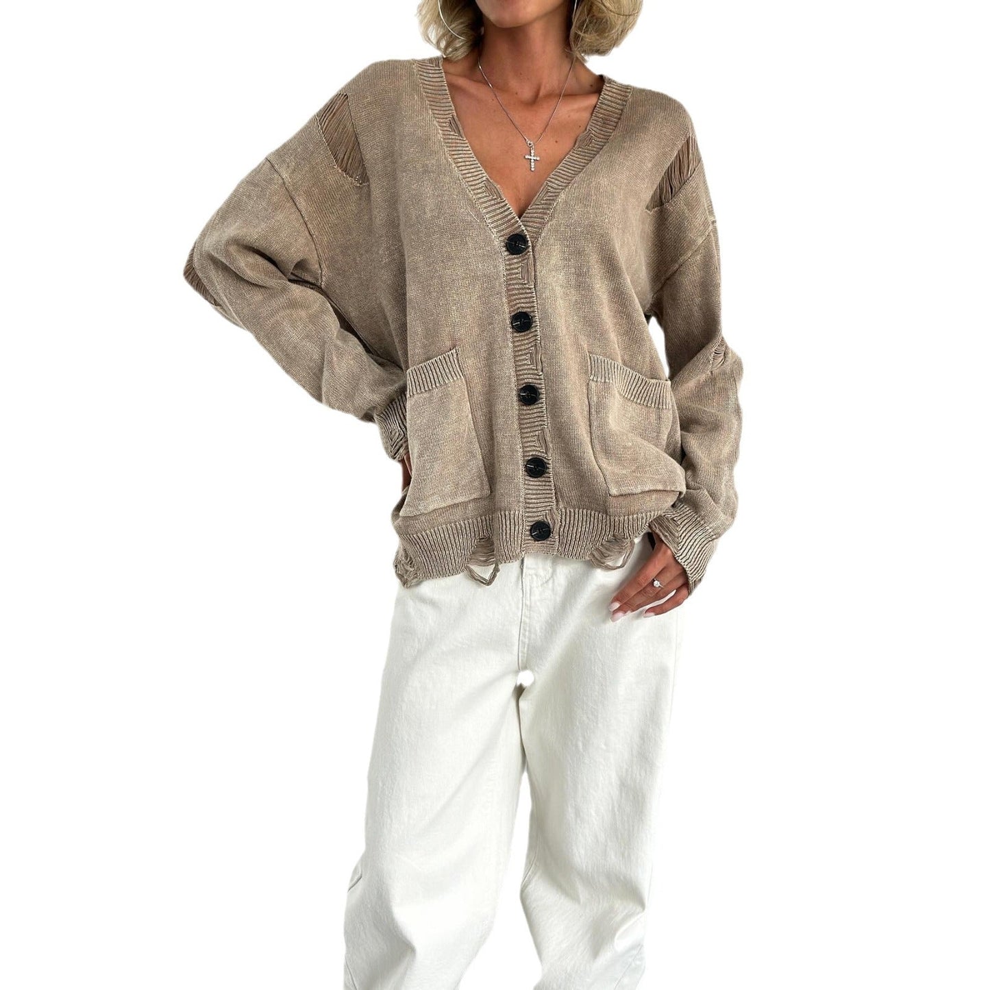 Damen Oversized Strickjacke Knöpfe Beige