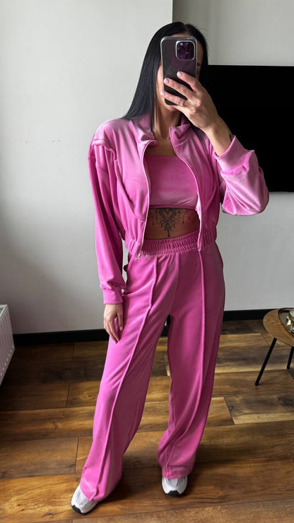 Damen Velours-Loungewear-Set Cropped Jacke Weite Hose Eveloria