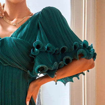 Damen Plissiertes Midi-Kleid V-Ausschnitt Rüschen Säume