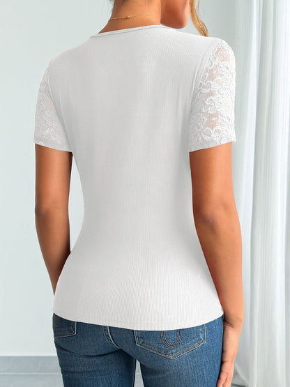 Eveloria Damen Bluse Mit Spitze Kurze Ärmel Spitzen Manschetten Weiß