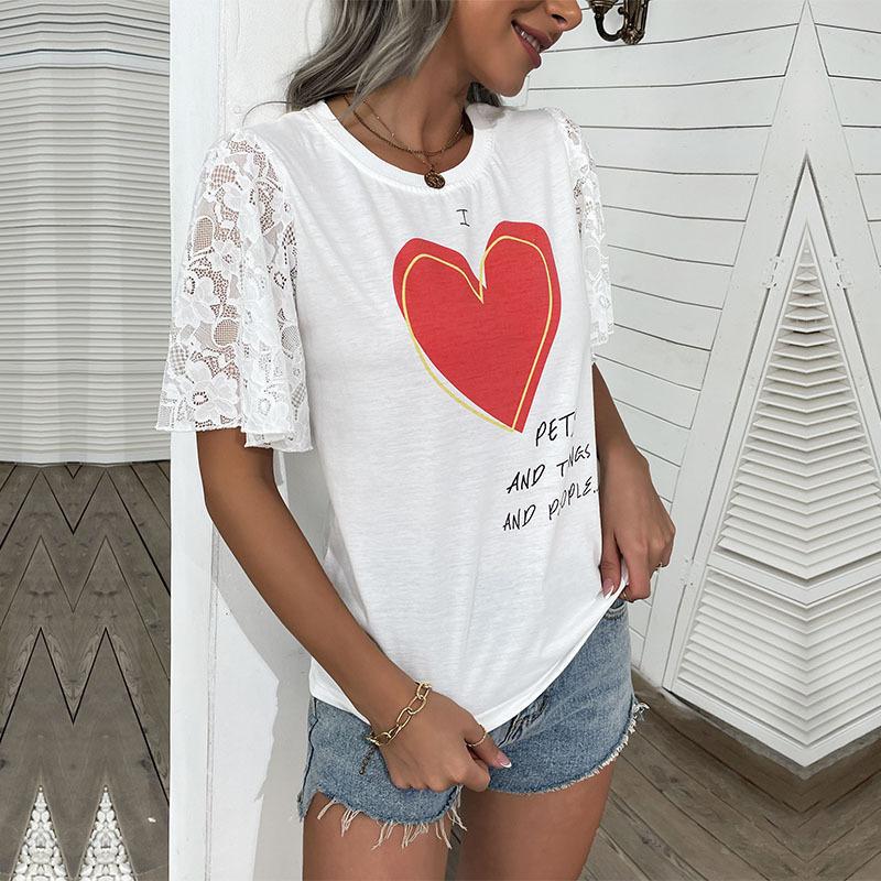 Damen T-Shirt Spitzenärmel Herz-Print Eveloria