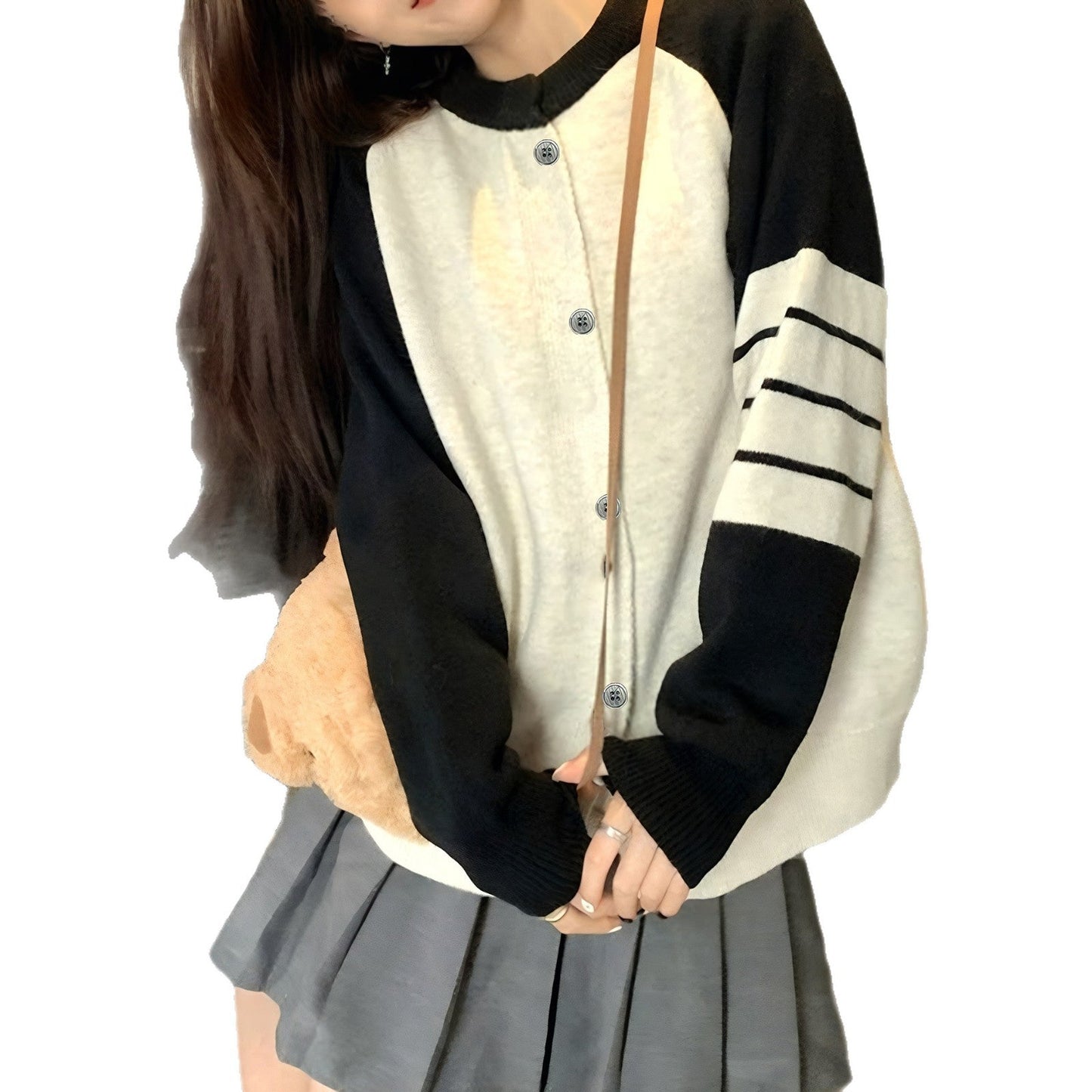 Damen Strickcardigan Bequem Knöpfe Sportstreifen Anthrazit