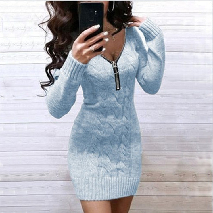 Damen Strickkleid Rippenmuster Mit Reißverschluss Detail Anthrazit