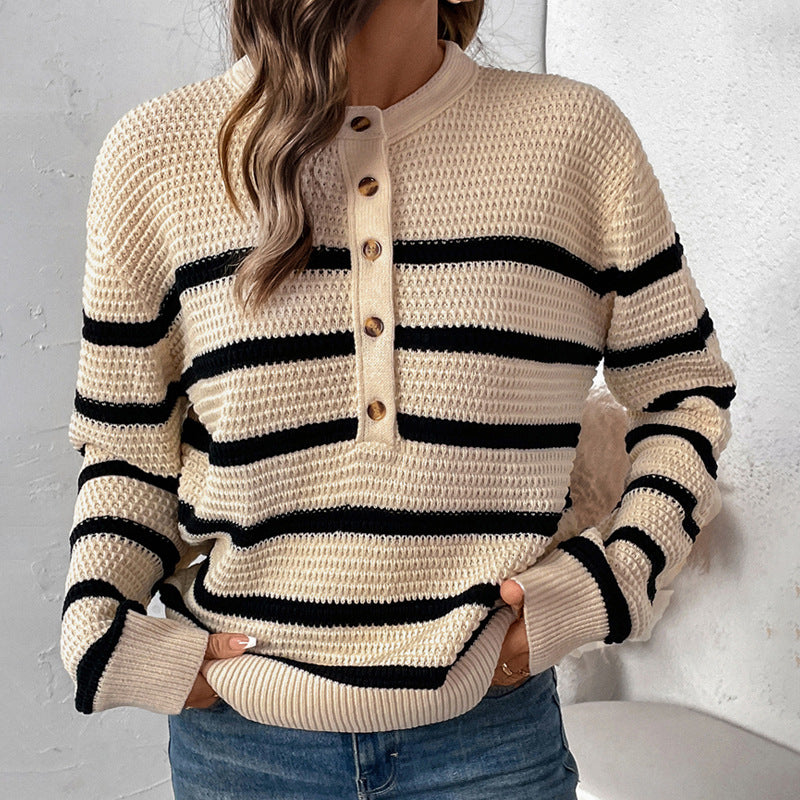 Damen Strickpullover Lässig Knopfleiste Gestreift