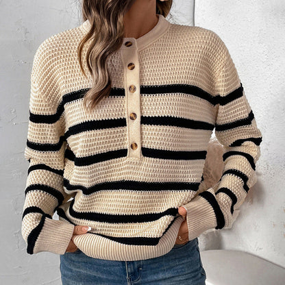 Damen Strickpullover Lässig Knopfleiste Gestreift
