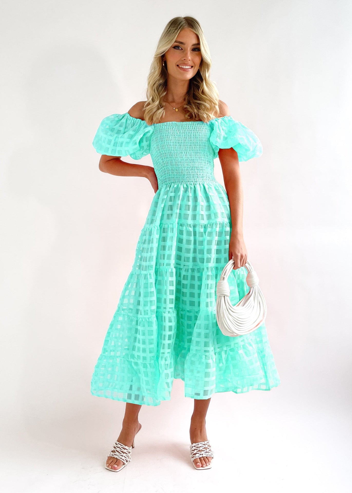 Damen Maxi-Kleid Puffärmel Elastisch Eveloria