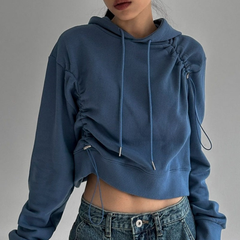 Damen Cropped Kapuzenpullover Verstellbarer Kordelzug Grau Eveloria