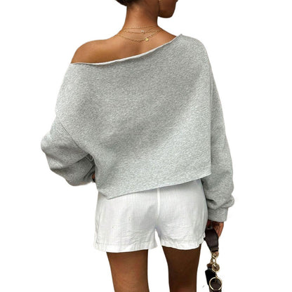 Damen Oversized Sweatshirt Schulterfrei Weiches Innenfleece Grau