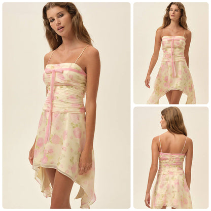 Damen Mini-Kleid Flower-Print Asymmetrisch Elegantes Raffdesign - Eveloria