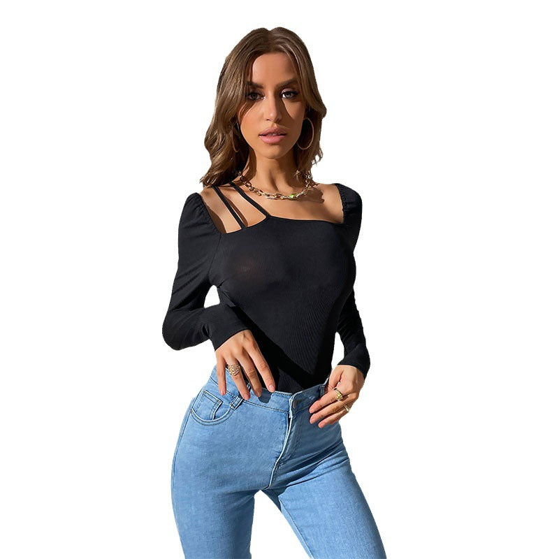 Damen Langarmbody Asymmetrischer Ausschnitt Rüschendetails Eveloria
