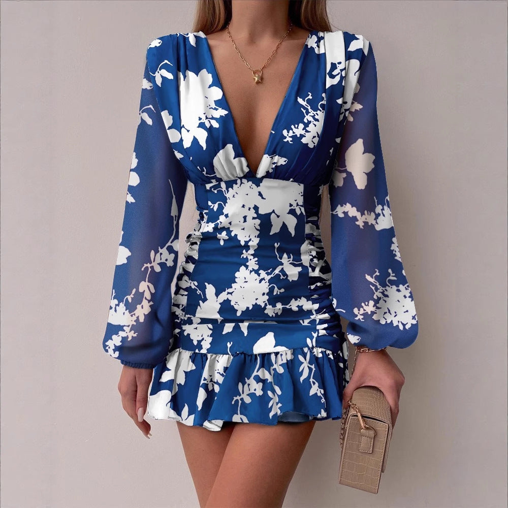 Damen Cocktailkleid V-Ausschnitt Puffärmel Eveloria
