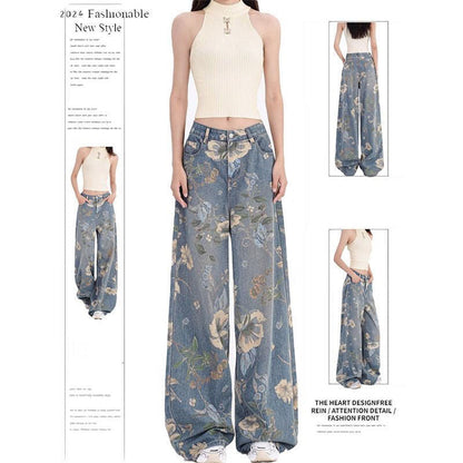 Damen Weite Jeans Floralmuster Eveloria - Eveloria