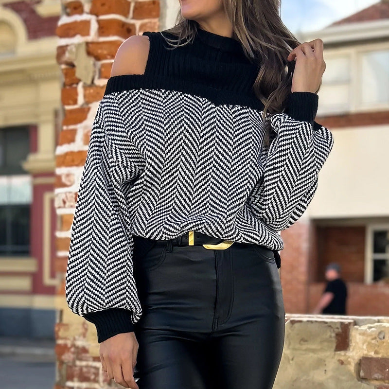 Damen Pullover Zickzackmuster Schulterauschnitt Eveloria