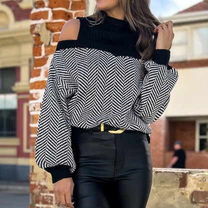 Damen Pullover Zickzackmuster Schulterauschnitt Eveloria