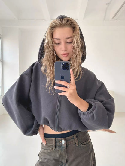 Damen Cropped Kapuzenpullover Voluminöse Ärmel Eveloria