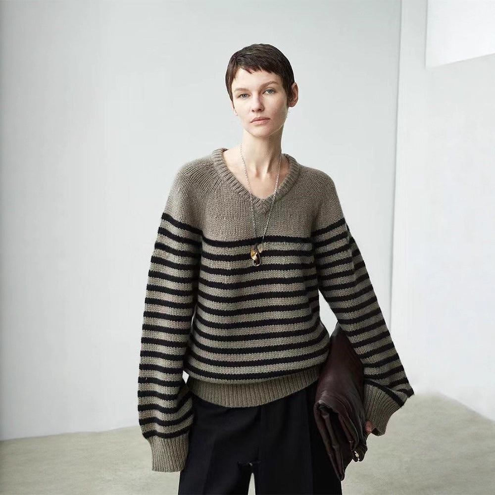 Damen Pullover V-Ausschnitt Streifenmeliert Grau