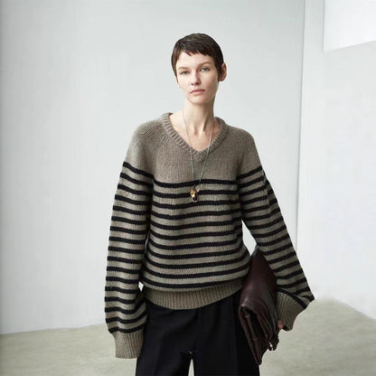 Damen Pullover V-Ausschnitt Streifenmeliert Grau