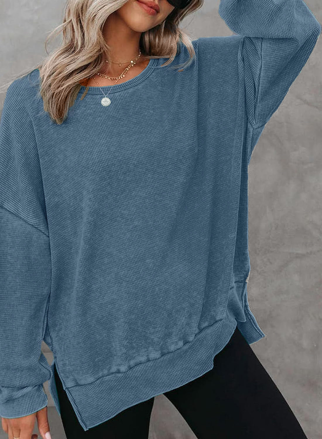 Damen Waffelpullover Lässig Mit Seitenschlitzen Grau Eveloria