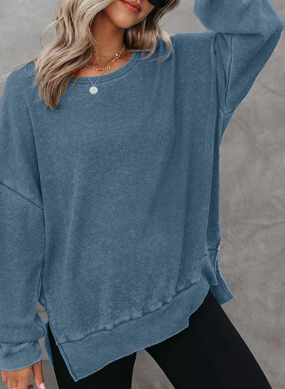 Damen Waffelpullover Lässig Mit Seitenschlitzen Grau Eveloria