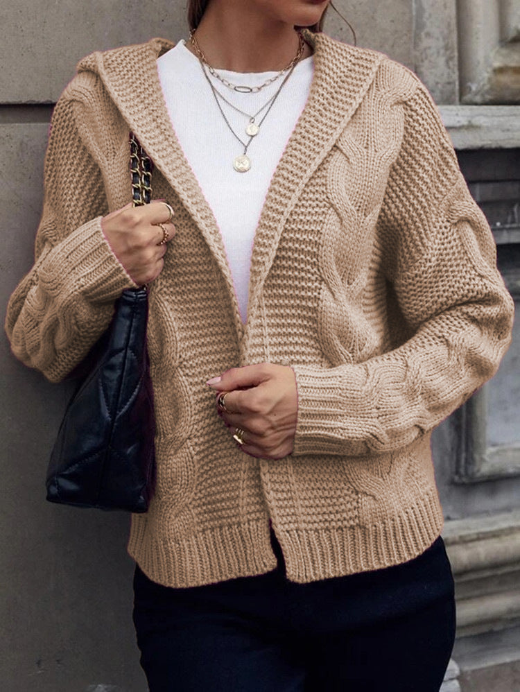 Damen Cardigan Grobstrick Kapuze Zopfmuster Beige