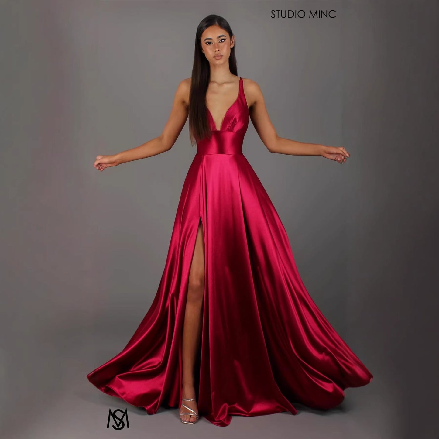 Damen Abendkleid V-Ausschnitt Hochschlitz Rock Eveloria