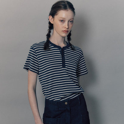 Damen Kurzarmshirt Gestreift Knopfleiste Eveloria