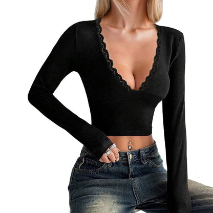 Damen Langarm- V-Ausschnitt Spitzenborte Eleganz