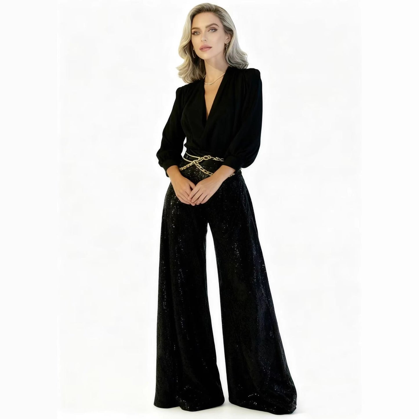Damen Jumpsuit Eleganz Pailletten V-Ausschnitt Eveloria