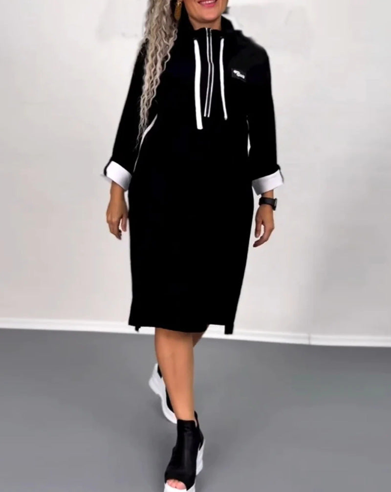 Damen Kapuzenkleid mit Taschen Farbkontrast