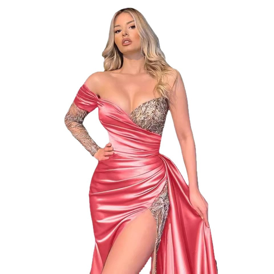 Damen Abendkleid Schimmerndes Oberteil Hochschlitz